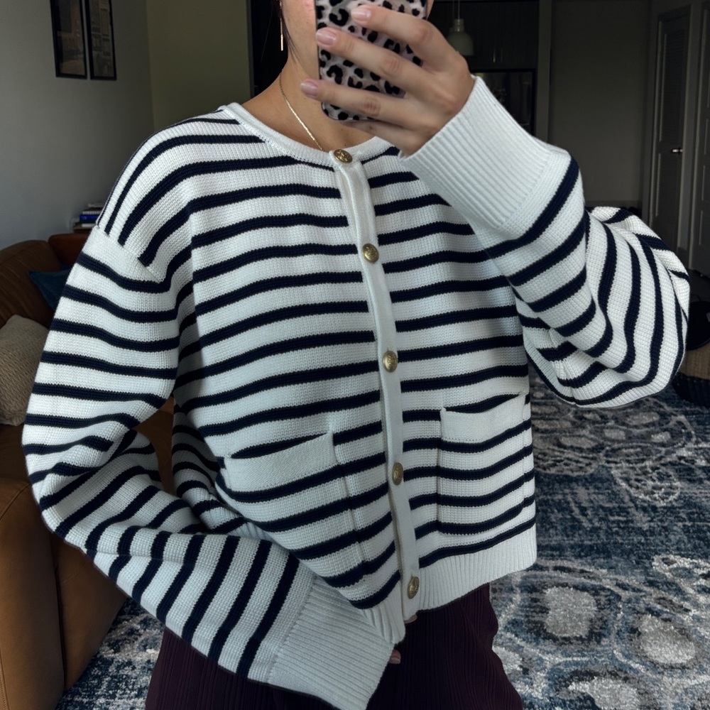 J. Crew Navy and White Striped Cropped Cardigan - Picture 11 of 13